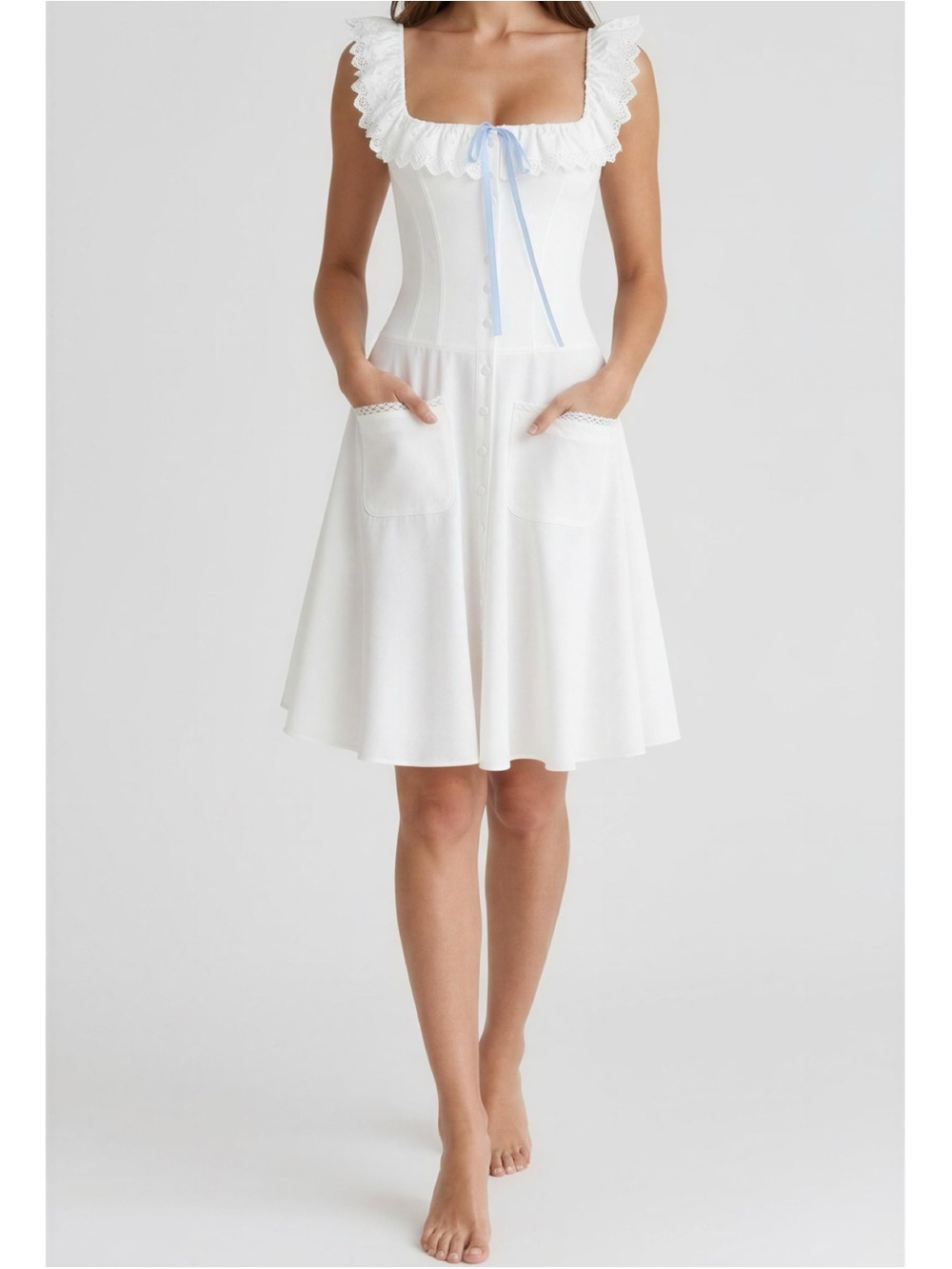 HOUSE OF CB Mathilde Broderie-Anglaise Stretch-Cotton Dress, Cloud Dancer, L+ - Picture 3 of 11